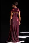Shop_Vesture_Red Mesh Bandeau Neck Ox Blood Metallic Structured Gown _at_Aza_Fashions