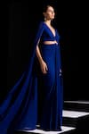 Buy_Vesture_Blue Mesh, Lycra V-neck Azure Long Cape Sleeves Cut Out Gown _Online_at_Aza_Fashions