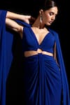 Shop_Vesture_Blue Mesh, Lycra V-neck Azure Long Cape Sleeves Cut Out Gown _Online_at_Aza_Fashions