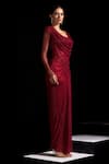 Vesture_Red Mesh Crystals Cowl Neck Garnet Full Sleeve Swarovski Draped Gown _Online_at_Aza_Fashions