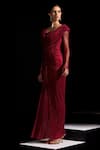 Buy_Vesture_Red Mesh Crystals Cowl Neck Garnet Full Sleeve Swarovski Draped Gown _Online_at_Aza_Fashions