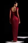 Shop_Vesture_Red Mesh Crystals Cowl Neck Garnet Full Sleeve Swarovski Draped Gown _at_Aza_Fashions