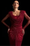 Shop_Vesture_Red Mesh Crystals Cowl Neck Garnet Full Sleeve Swarovski Draped Gown _Online_at_Aza_Fashions