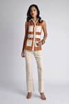 Veera Wear_Rust Cotton, Denim Collared Safari Luxe Utility Top _at_Aza_Fashions