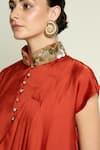 Shop_Aakaar_Rust Silk Embroidery, Sequins, Beads Mandarin Collar Draped Tunic And Pant Set _Online_at_Aza_Fashions