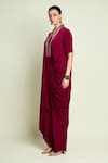 Buy_Aakaar_Burgundy Crepe, Silk V-neck Draped Tunic And Pant Set _Online_at_Aza_Fashions