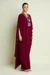Shop_Aakaar_Burgundy Crepe, Silk V-neck Draped Tunic And Pant Set _Online_at_Aza_Fashions