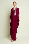 Aakaar_Burgundy Crepe, Silk V-neck Draped Tunic And Pant Set _at_Aza_Fashions