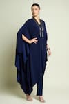Shop Aakaar Navy Silk, Crepe V-neck Draped Tunic And Pant Set Online at Aza Fashions Shop_Aakaar_Navy Silk, Crepe V-neck Draped Tunic And Pant Set _Online_at_Aza_Fashions