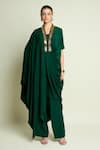 Buy_Aakaar_Green Silk, Crepe V-neck Draped Tunic And Pant Set _at_Aza_Fashions
