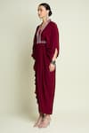 Aakaar_Maroon Crepe, Silk V-neck Metallic Striped Draped Dress _Online_at_Aza_Fashions