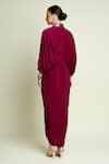 Shop_Aakaar_Maroon Crepe, Silk V-neck Metallic Striped Draped Dress _at_Aza_Fashions