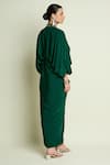 Shop_Aakaar_Green Crepe, Silk V-neck Metallic Detail Draped Dress _at_Aza_Fashions