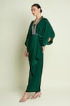 Aakaar_Green Crepe, Silk V-neck Metallic Detail Draped Dress _Online_at_Aza_Fashions