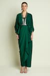 Buy_Aakaar_Green Crepe, Silk V-neck Metallic Detail Draped Dress _Online_at_Aza_Fashions