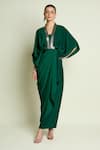 Buy_Aakaar_Green Crepe, Silk V-neck Metallic Detail Draped Dress _at_Aza_Fashions