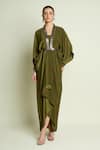 Buy_Aakaar_Green Crepe, Silk V-neck Draped Kaftan Dress _at_Aza_Fashions