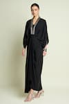 Shop_Aakaar_Black Crepe, Silk V-neck Metallic Neckline Embroidered Draped Dress _Online_at_Aza_Fashions