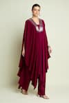 Buy_Aakaar_Maroon Crepe, Silk V-neck Kaftan And Pant Set _at_Aza_Fashions