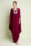Aakaar_Maroon Crepe, Silk V-neck Kaftan And Pant Set _Online_at_Aza_Fashions
