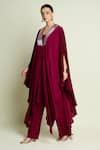 Shop_Aakaar_Maroon Crepe, Silk V-neck Kaftan And Pant Set _Online_at_Aza_Fashions