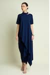 Buy_Aakaar_Navy Crepe High Neck Asymmetric Kaftan And Draped Skirt Set _at_Aza_Fashions