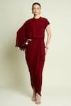 Buy_Aakaar_Maroon Crepe High Neck Draped Kaftan Dress _at_Aza_Fashions