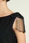Aakaar_Black Crepe Beads, Fringe Boat Neck Draped Dress _at_Aza_Fashions