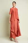 Aakaar_Orange Cotton, Silk Mandarin Collar Draped Layered Dress _Online_at_Aza_Fashions