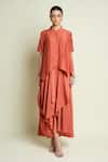 Buy_Aakaar_Orange Cotton, Silk Mandarin Collar Draped Layered Dress _at_Aza_Fashions