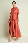 Aakaar_Orange Cotton, Silk Mandarin Collar Draped Layered Dress _at_Aza_Fashions
