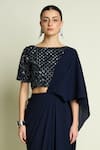 Aakaar_Navy Crepe Sequins, Beads Boat Neck Blouse And Pre-draped Saree _Online_at_Aza_Fashions