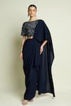 Buy_Aakaar_Navy Crepe Sequins, Beads Boat Neck Blouse And Pre-draped Saree _at_Aza_Fashions