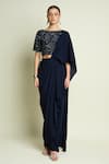 Shop_Aakaar_Navy Crepe Sequins, Beads Boat Neck Blouse And Pre-draped Saree _Online_at_Aza_Fashions