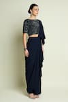 Aakaar_Navy Crepe Sequins, Beads Boat Neck Blouse And Pre-draped Saree _at_Aza_Fashions