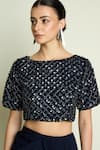 Buy_Aakaar_Navy Crepe Sequins, Beads Boat Neck Blouse And Pre-draped Saree 