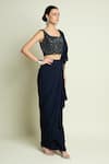Buy_Aakaar_Navy Crepe Sequins, Beads Square Neck Blouse With Pre-draped Saree _Online_at_Aza_Fashions