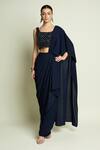 Buy_Aakaar_Navy Crepe Sequins, Beads Square Neck Blouse With Pre-draped Saree _at_Aza_Fashions