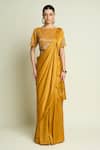 Buy_Aakaar_Yellow Silk Sequins, Embroidery Boat Geometric Blouse With Pre-draped Saree _at_Aza_Fashions