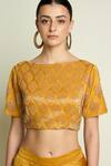 Shop_Aakaar_Yellow Silk Sequins, Embroidery Boat Geometric Blouse With Pre-draped Saree _Online_at_Aza_Fashions