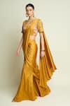 Aakaar_Yellow Silk Sequins, Embroidery Boat Geometric Blouse With Pre-draped Saree _at_Aza_Fashions
