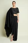 Buy_Aakaar_Black Crepe Sequins, Beads Boat Neck Embellished Blouse And Pre-draped Saree Set _at_Aza_Fashions
