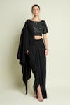 Buy_Aakaar_Black Crepe Sequins, Beads Boat Neck Embellished Blouse And Pre-draped Saree Set 