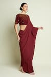 Aakaar_Maroon Crepe Mirrors Boat Neck Work Blouse With Pre-draped Saree _Online_at_Aza_Fashions