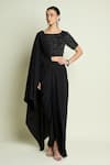 Buy Aakaar Black Crepe Beads, Sequins Boat Neck Embellished Blouse With Pre-draped Saree at Aza Fashions Buy_Aakaar_Black Crepe Beads, Sequins Boat Neck Embellished Blouse With Pre-draped Saree _at_Aza_Fashions