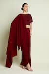 Aakaar_Maroon Crepe Beads, Sequins Hexagon Embellished Blouse With Pre-draped Saree _Online_at_Aza_Fashions
