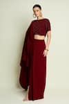 Aakaar_Maroon Crepe Beads, Sequins Hexagon Embellished Blouse With Pre-draped Saree _at_Aza_Fashions