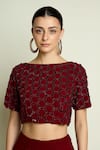 Buy_Aakaar_Maroon Crepe Beads, Sequins Boat Neck Hexagonal Embroidered Blouse _at_Aza_Fashions
