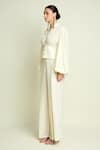 Aakaar_Off White Crepe V-neck V Buttoned Top And Pleated Pant Set _at_Aza_Fashions