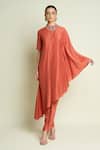 Buy_Aakaar_Orange Cotton, Silk Beads, Embroidery Round Neck Asymmetric Tunic And Pant Set _at_Aza_Fashions